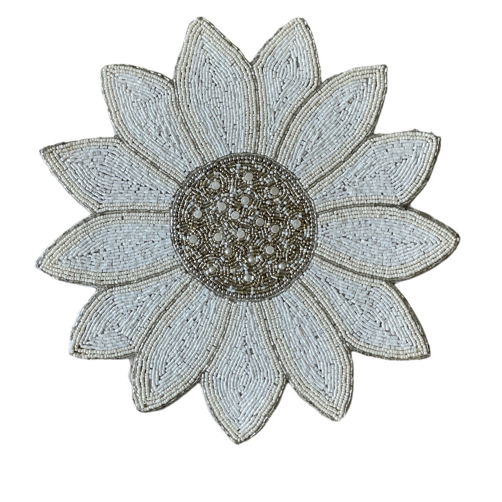 TAHARI HOME Glass Hand Beaded Charger Placemat 15in White Silver Floral NEW